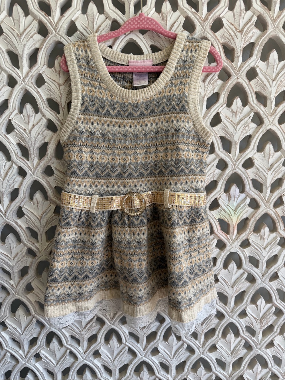 Little Lass Girls 6 Fair Isle Sweater Dress Sequin Belt Lace